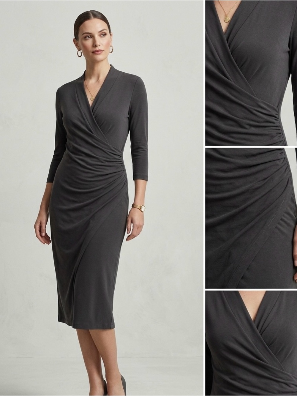M.M.LaFleur Dark Charcoal Gray Ruched Faux-Wrap Knit Dress‎ size xs